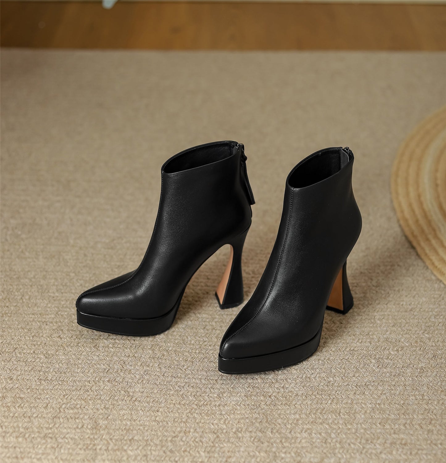 Nine Seven Women's Pointed Toe Genuine Leather Handmade Back Zipper High Spool Heels Ankle Boots with Platform