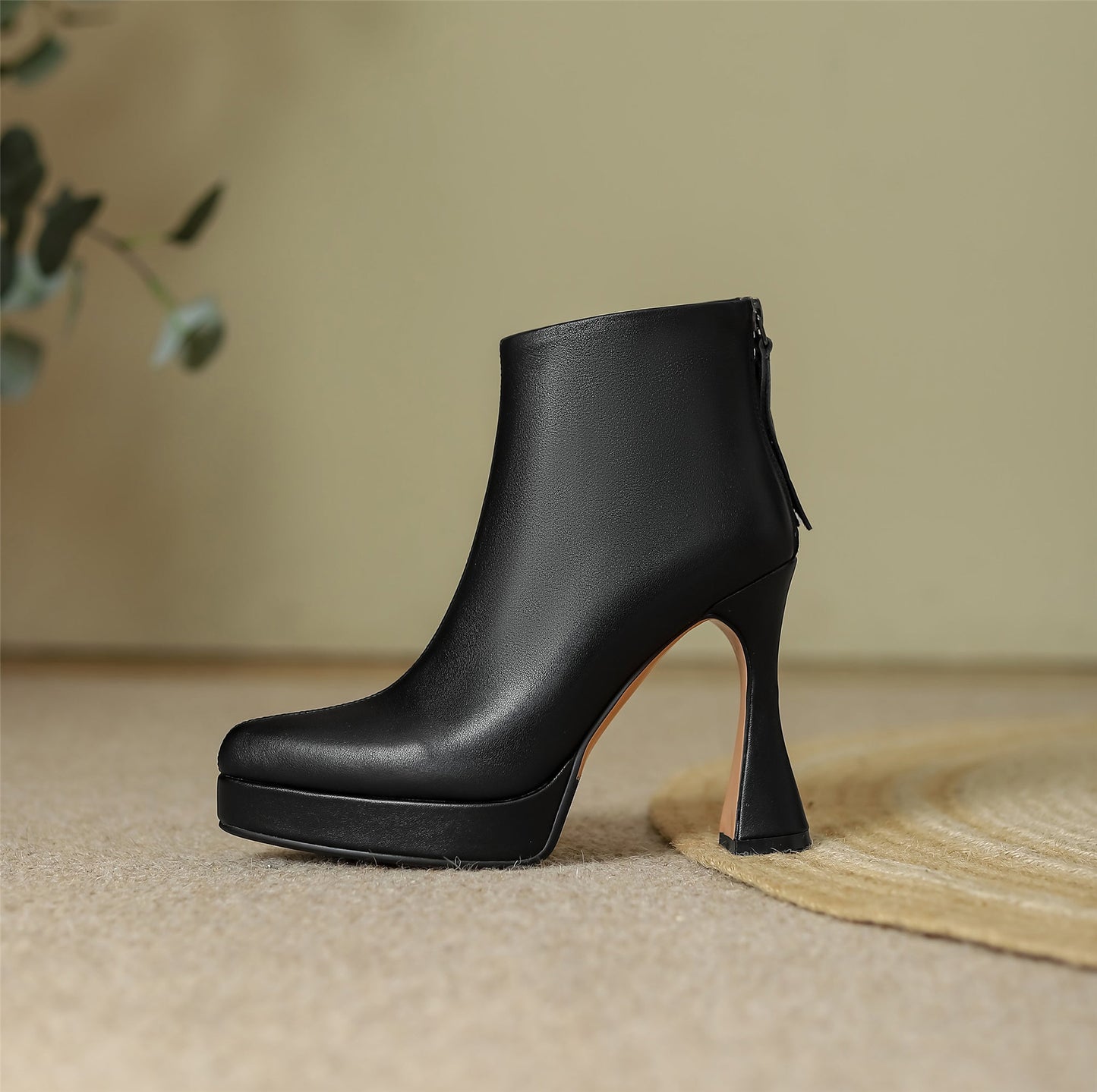 Nine Seven Women's Pointed Toe Genuine Leather Handmade Back Zipper High Spool Heels Ankle Boots with Platform