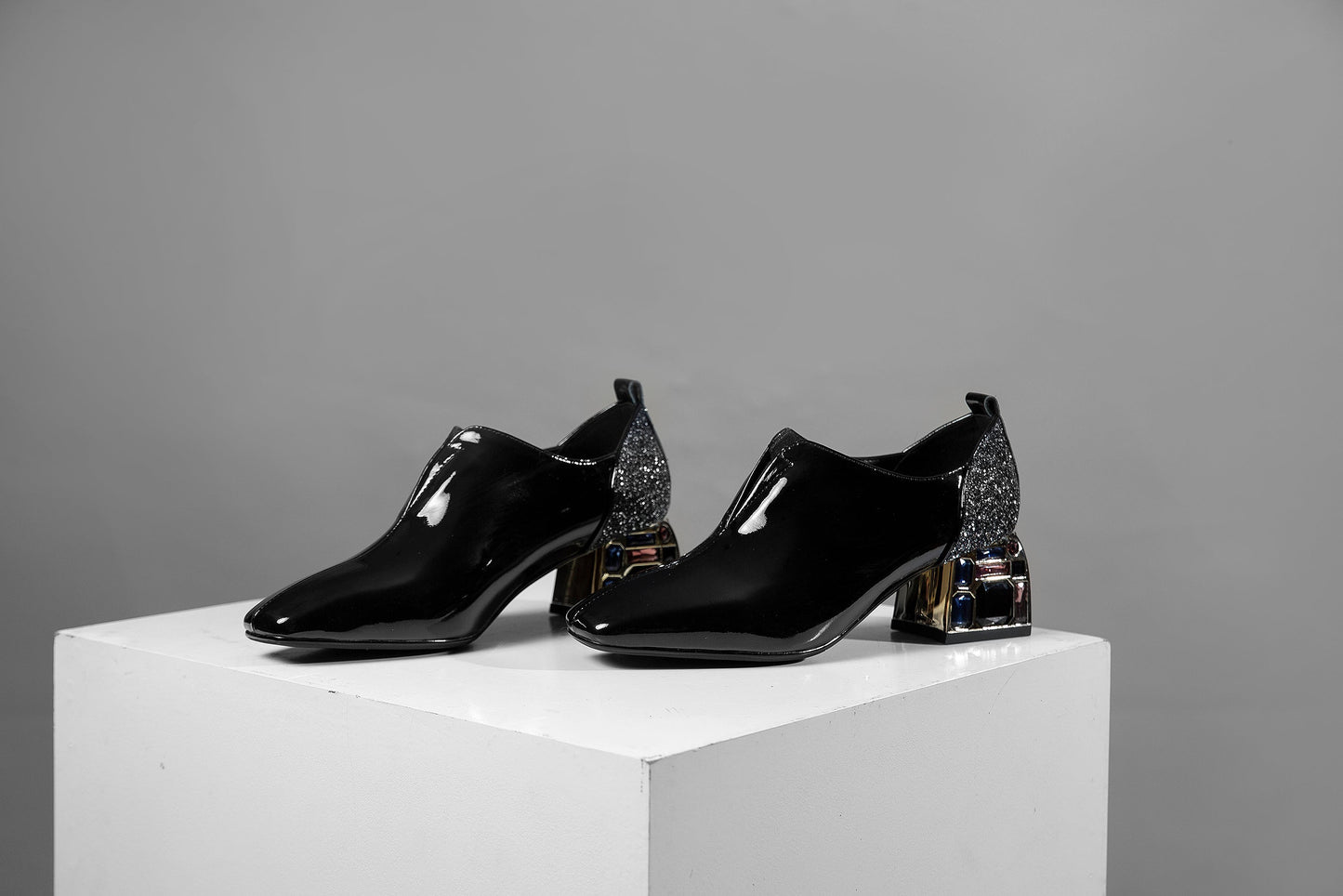 Nine Seven Patent Leather Women's Handmade Classic Square Toe Mid Chunky Heel Slip On Glitter Loafer Pump Shoes with Rhinestone