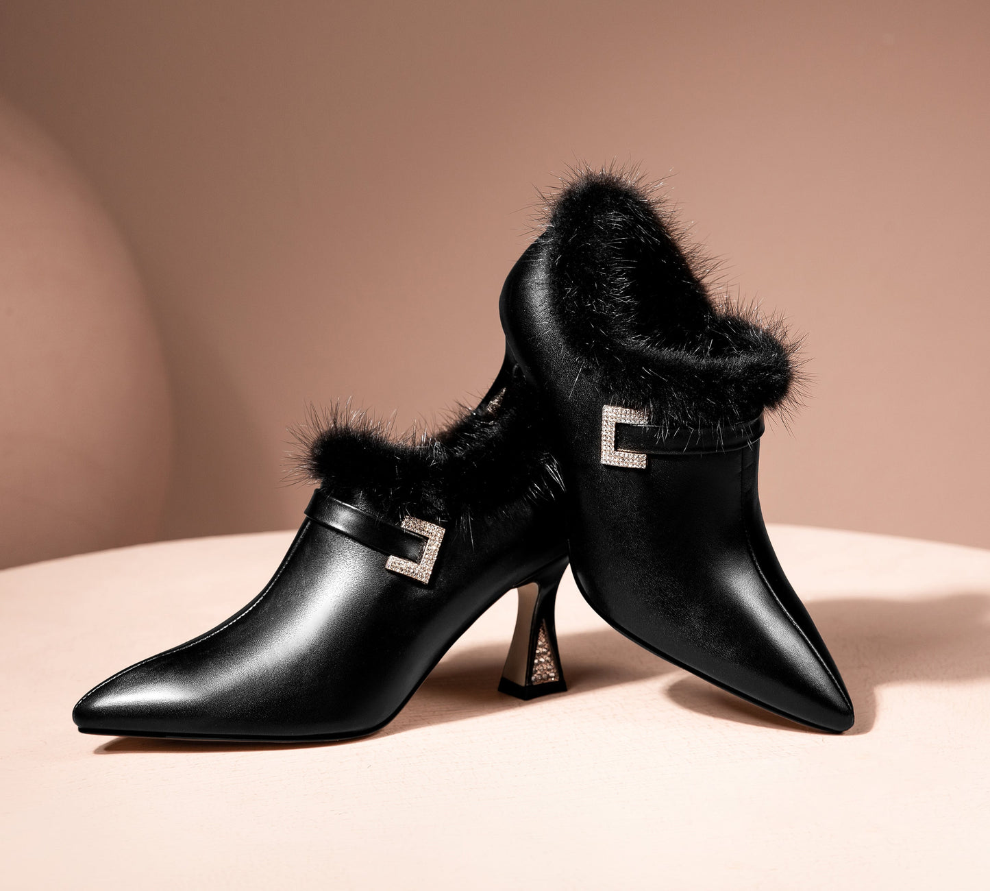 Nine Seven Genuine Leather Women's Handmade High Spool Heel Side Zip Up Glitter Rhinestone and Fur Design Oxford Pumps