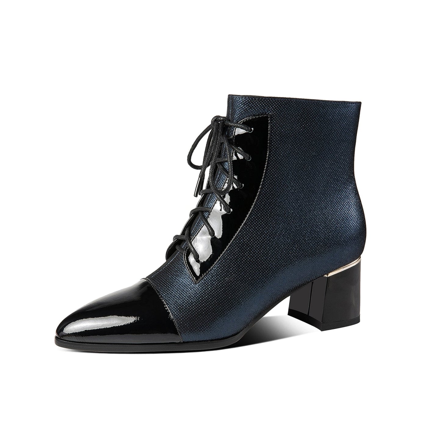 Nine Seven Women's Handmade Patent Genuine Leather Mid Heel Side Zip Up Cap-Toe Ankle Boots with Front Band Design