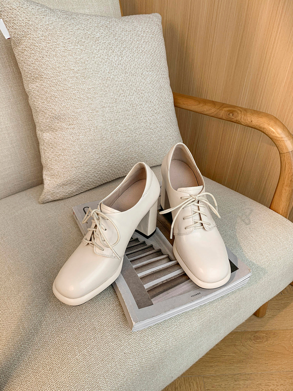 Nine Seven Women's Genuine Leather Square Toe Handmade Lace-Up High Chunky Heels Chic Oxford Shoes with Platform