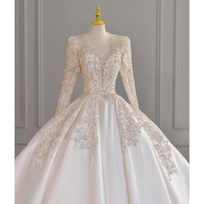 Nine Seven Crystal Sequins Long Sleeve Ball Grown Elegant Wedding Dress