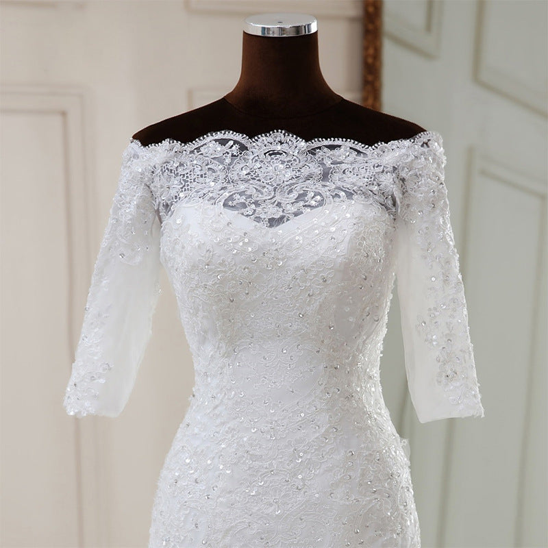 Nine Seven Mermaid Sequines Appliques Off Shoulder Half Sleeve Bridal Wedding Dress