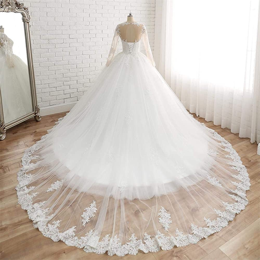 Nine Seven Appliques Lace Long Sleeves Ball Grown Princess Wedding Dress