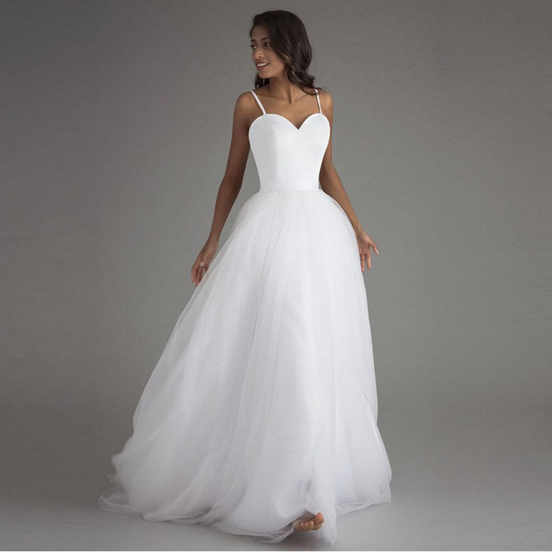 Nine Seven Spaghetti Strap Zip Up Sleeveless Bridal A-Line Minimalist Style White Wedding Dress