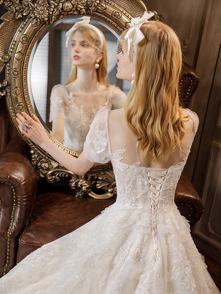 Nine Seven Pearl Appliques Sequins Short Sleeve Chapel Train A-Line Wedding Dress