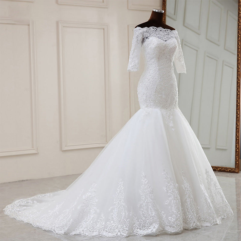 Nine Seven Mermaid Sequines Appliques Off Shoulder Half Sleeve Bridal Wedding Dress