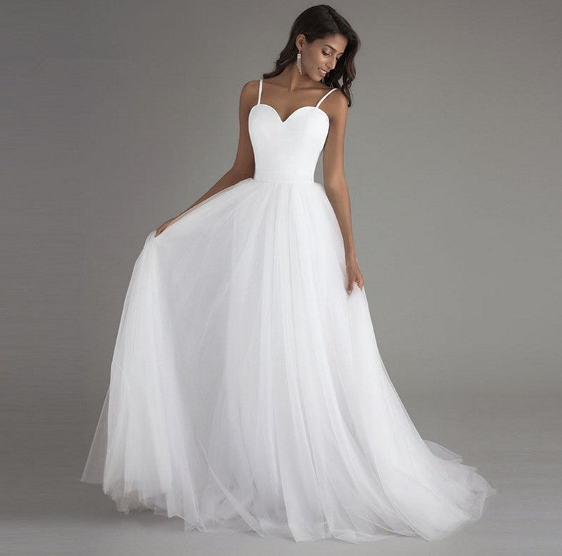 Nine Seven Spaghetti Strap Zip Up Sleeveless Bridal A-Line Minimalist Style White Wedding Dress