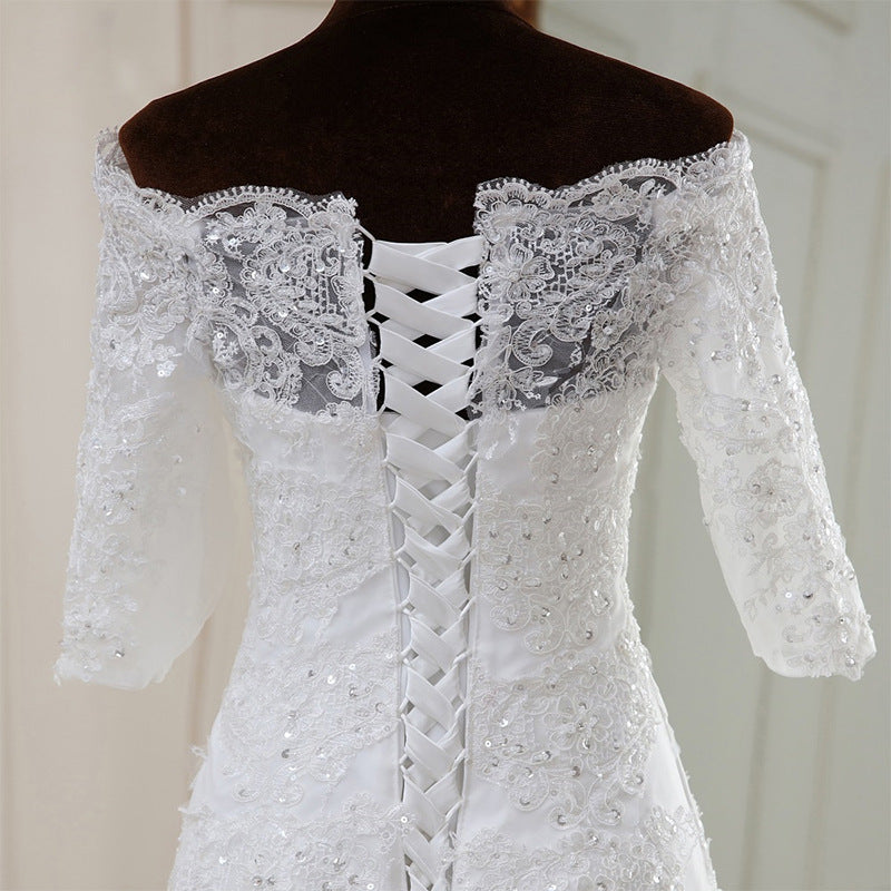 Nine Seven Mermaid Sequines Appliques Off Shoulder Half Sleeve Bridal Wedding Dress