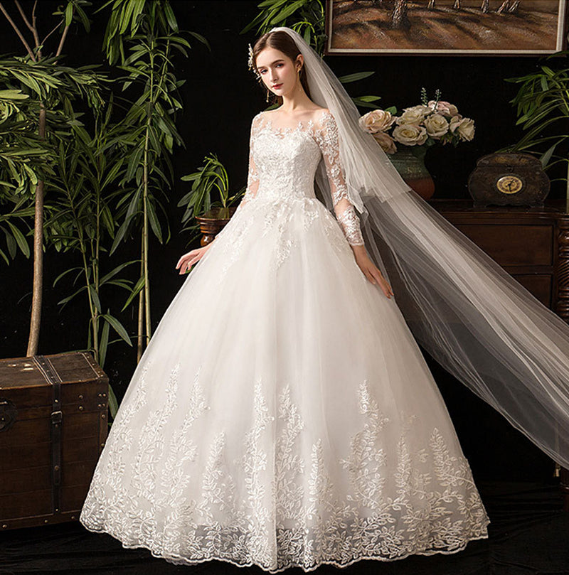 Nine Seven Bridal Dresses Jewel Neck Long Sleeve Appliques A-Line Wedding Dress