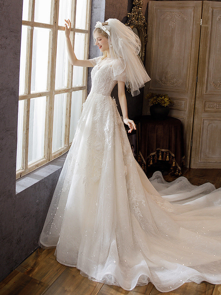 Nine Seven Pearl Appliques Sequins Short Sleeve Chapel Train A-Line Wedding Dress