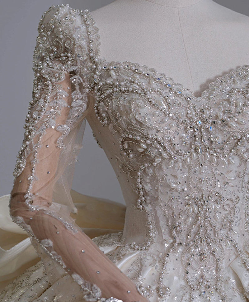 Nine Seven Square Neck Pearls Sequines Decor Long Sleeve Back Heart Ball Grown Court Wedding Dress