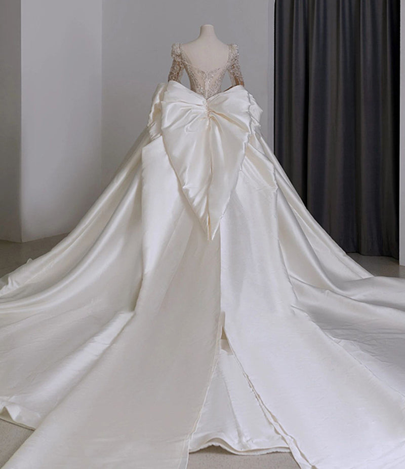 Nine Seven Square Neck Pearls Sequines Decor Long Sleeve Back Heart Ball Grown Court Wedding Dress