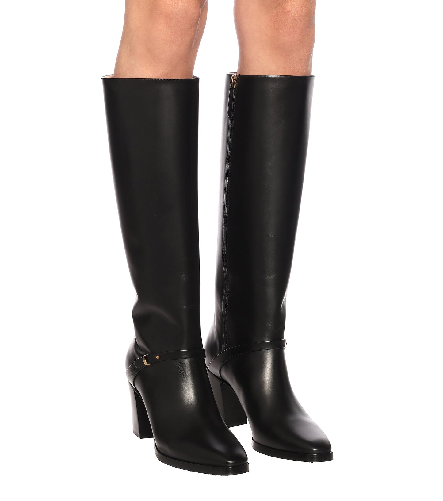 Nine Seven Women's Square Toe Handmade Genuine Leather Side Zip Buckle Mid Chunky Heel Classic Knee High Boots