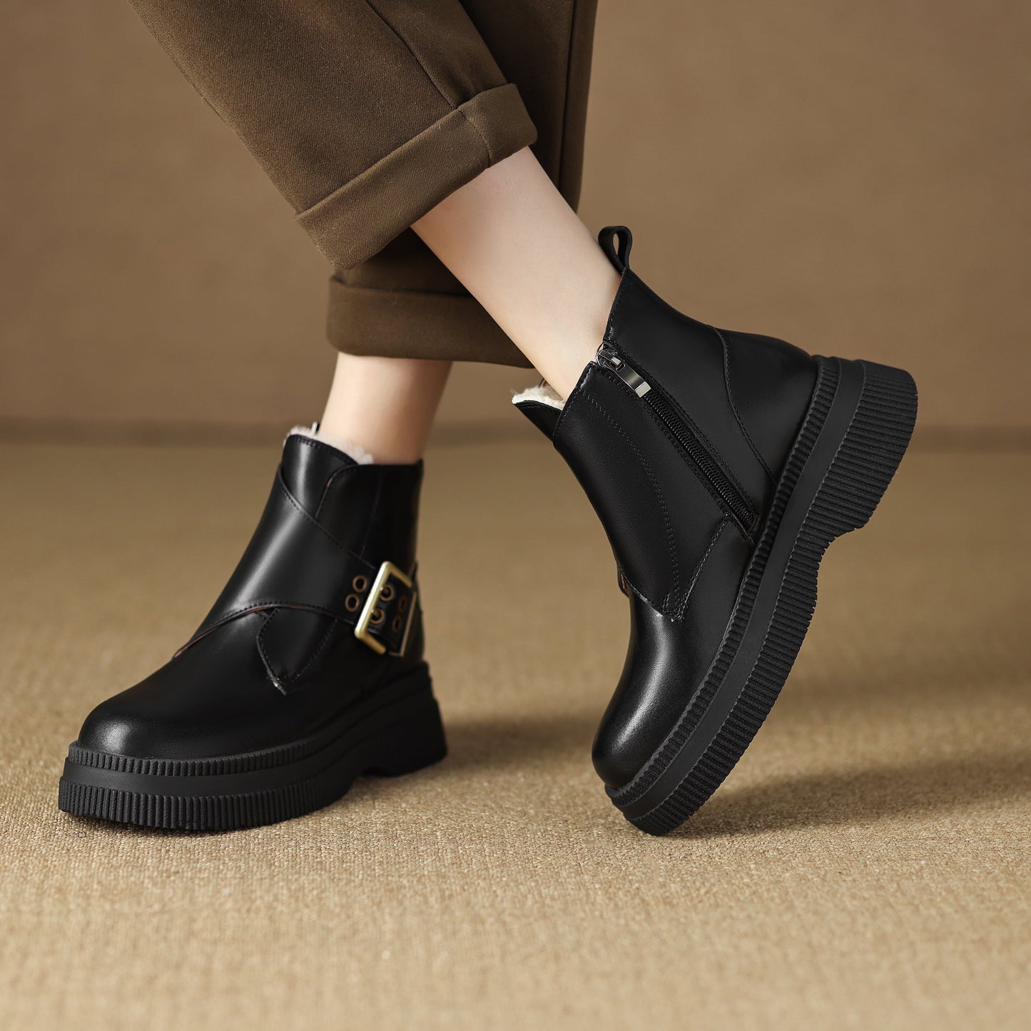 Nine Seven Handmade Women's Genuine Leather Side Zip Buckle Round Toe Low Block Heel Platform Boots