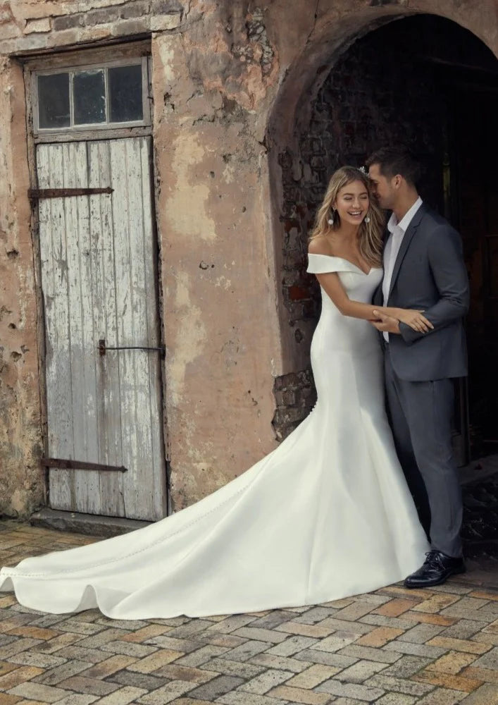 Nine Seven Off Shoulder Button Ivory White Mermaid Bohemian Wedding Dress Customization