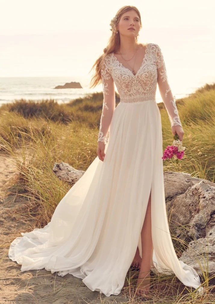 Nine Seven V-Neck Lace Appliques Long Sleeves Thigh-High Slit A-Line Wedding Dress Customization