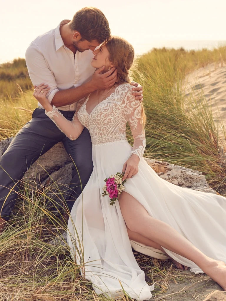 Nine Seven V-Neck Lace Appliques Long Sleeves Thigh-High Slit A-Line Wedding Dress Customization