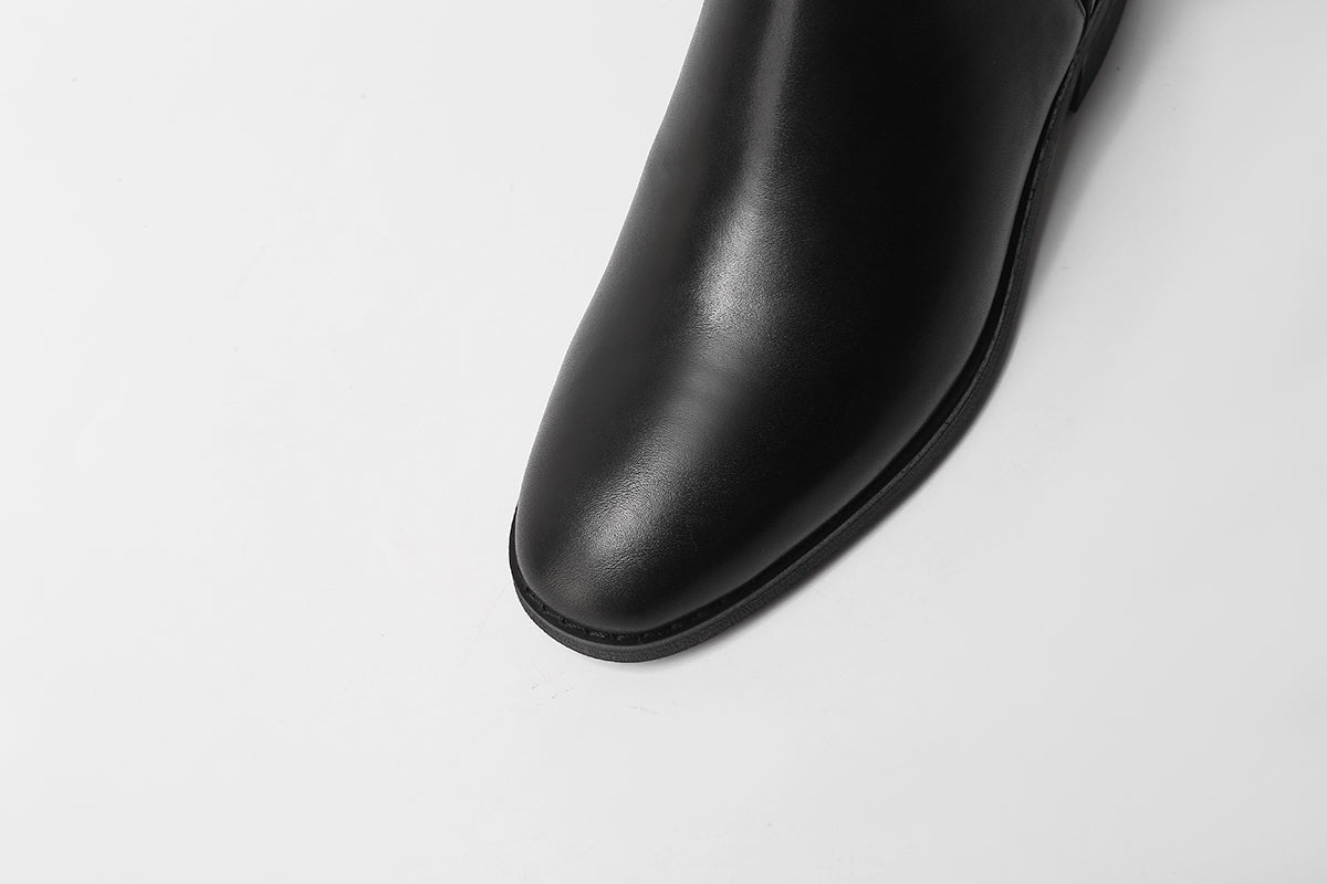 Nine Seven Women's Genuine Leather Round Toe Handmade Zipper Low Chunky Heels Retro Ankle Boots with Buckle