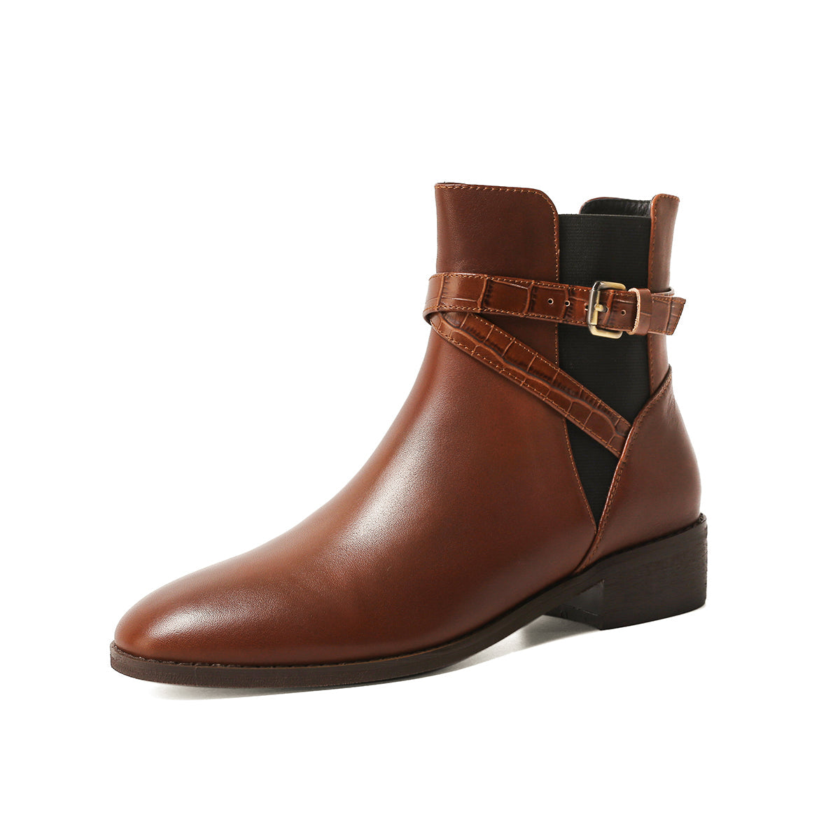 Nine Seven Women's Genuine Leather Round Toe Handmade Zipper Low Chunky Heels Retro Ankle Boots with Buckle