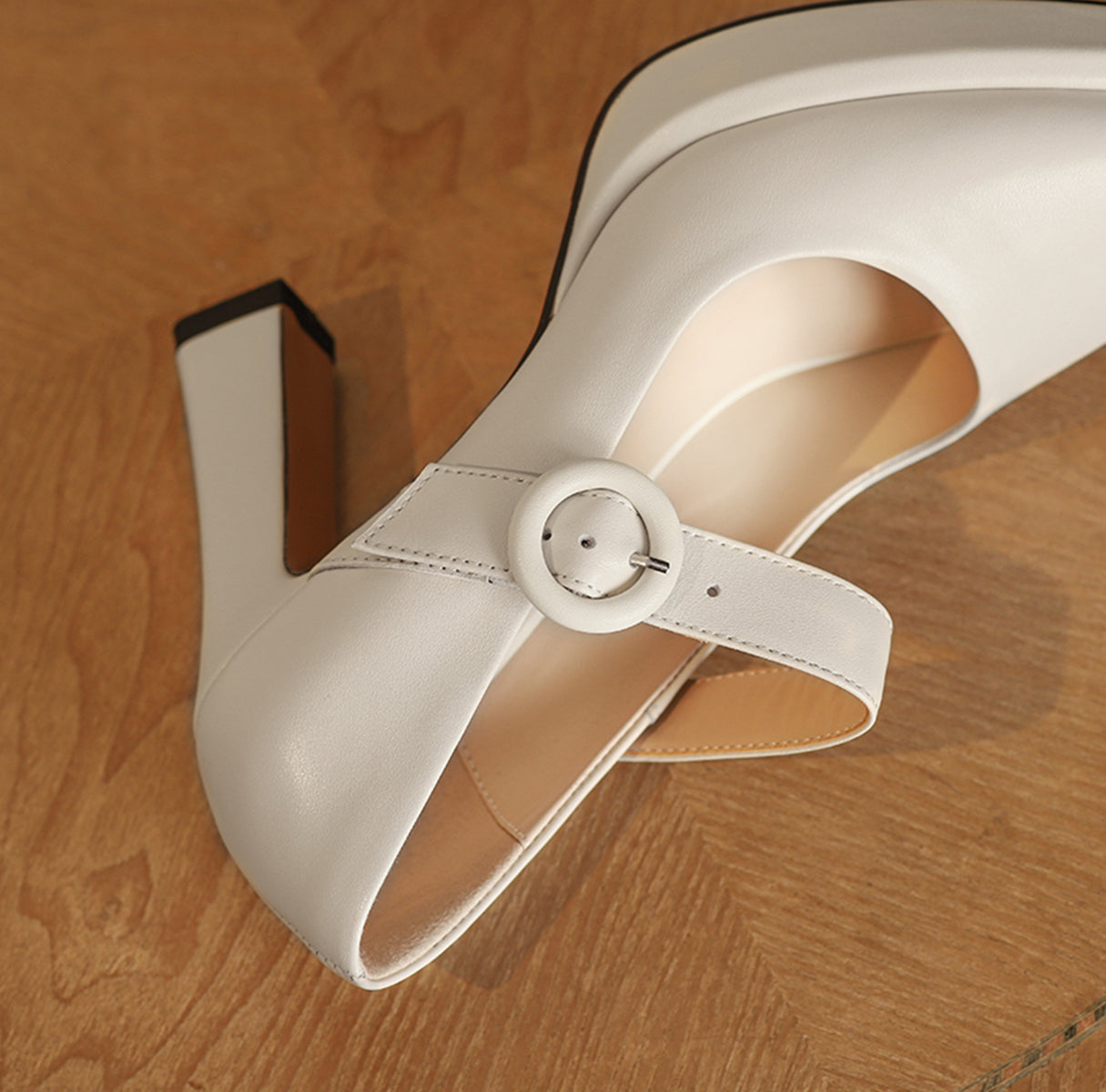 Nine Seven Women's Genuine Leather Square Toe Handmade Platform Buckle Belt High Chunky Heels Stylish Pumps