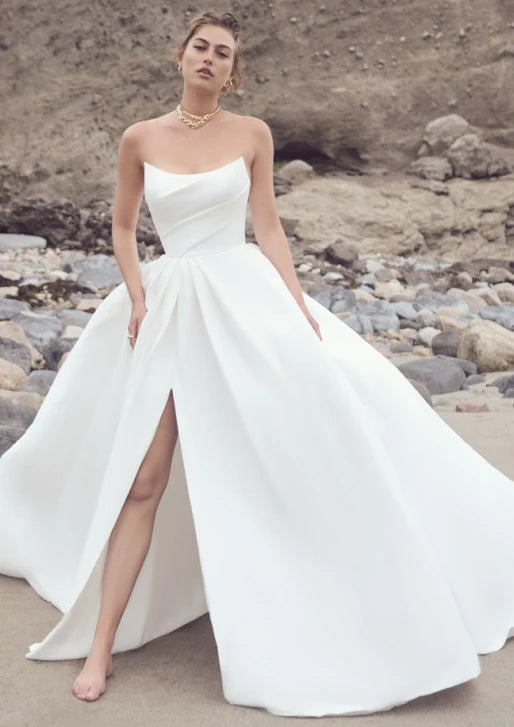 Nine Seven Ruffle Tube Top Strapless A-Line Side Slit Satin Wedding Dress Customization