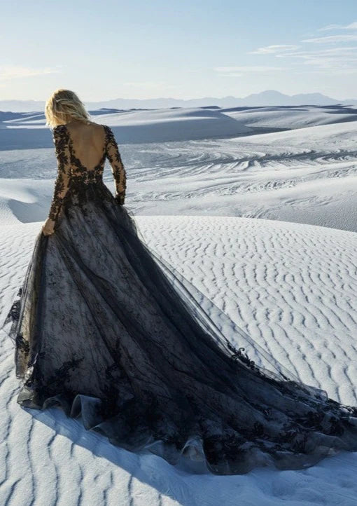 Nine Seven 3D Flowers Plug V-Neck Long Sleeves Scoop Back A-Line Black Wedding Dress Customization