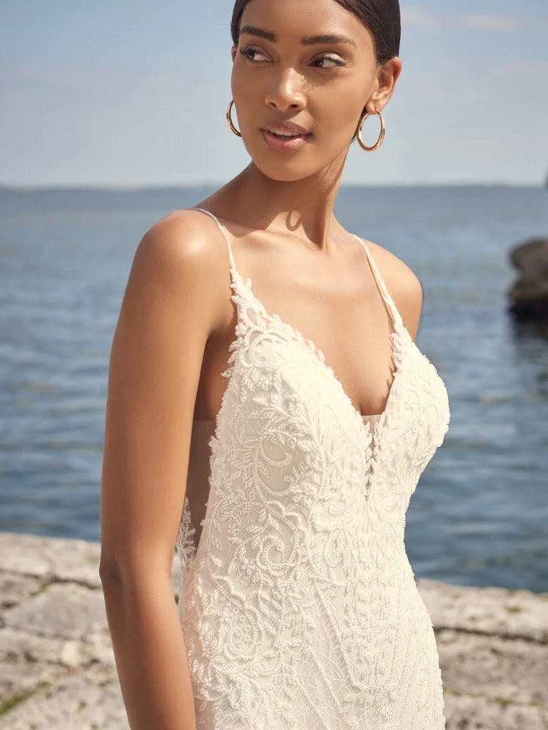 Nine Seven Spaghetti Straps Deep V-Neckline Lace Appliques Deep V-Back Wedding Dress Customization