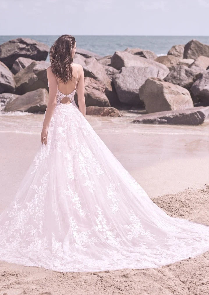 Nine Seven Spaghetti Straps V-Neckline Lace Appliques Backless A-Line Bridal Wedding Dress Customization