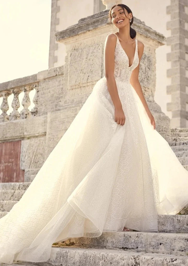 Nine Seven Straps Deep V-Neckline Sparkly Sequin Lace Scoop Back  A-Line Wedding Dress Customization