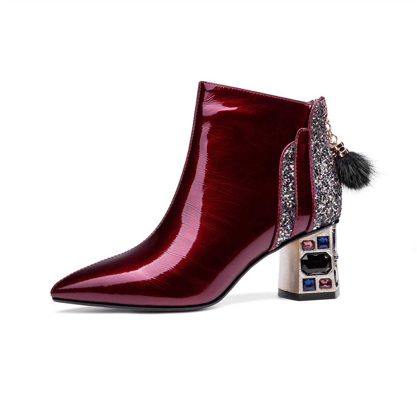 Nine Seven Women's Patent Leather Handmade Crystal Mid Chunky Heel Back Zipper Pointed Toe Plus-Size Ankle Boots With Glitter and Fur Pendant
