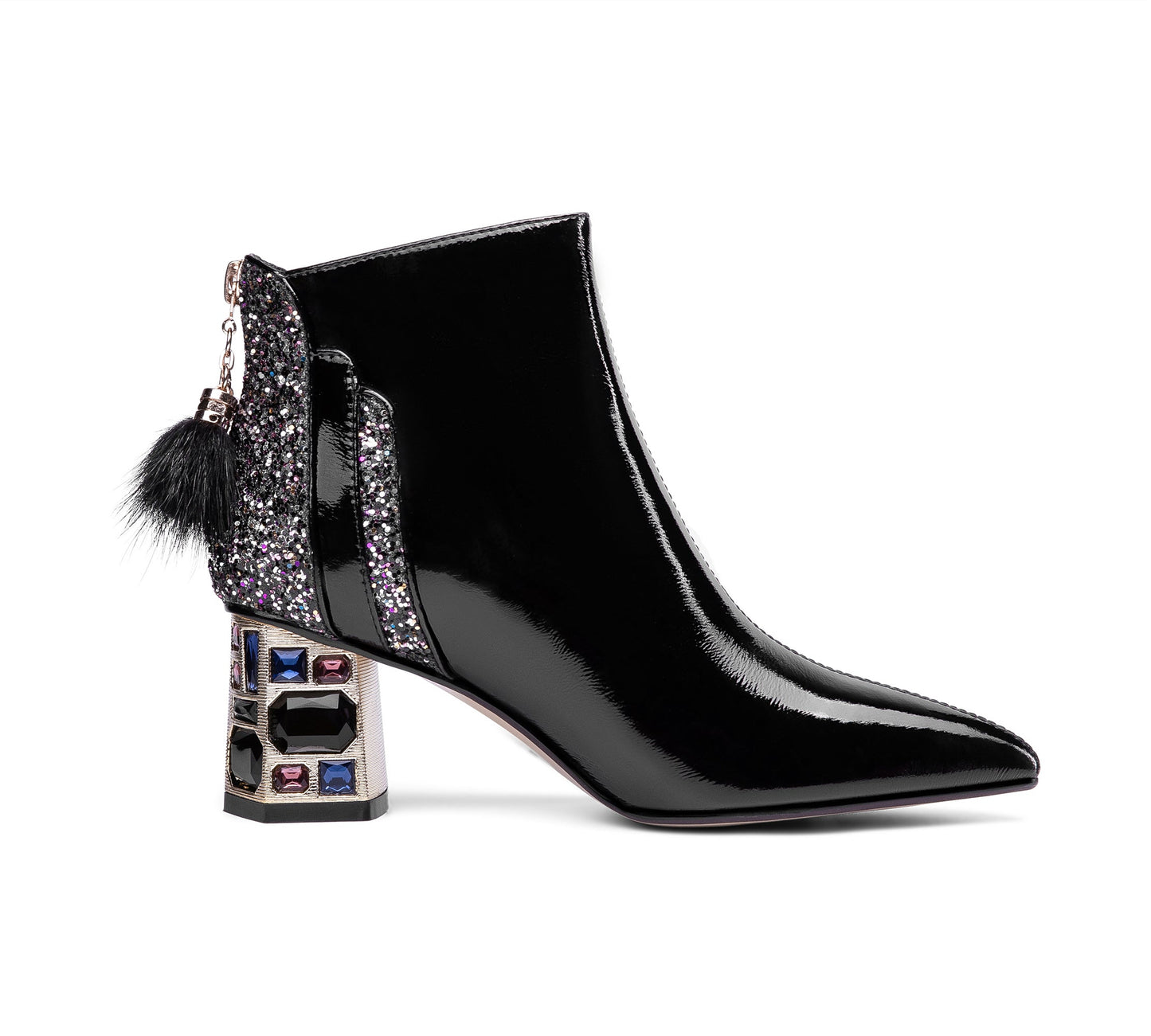 Nine Seven Women's Patent Leather Handmade Crystal Mid Chunky Heel Back Zipper Pointed Toe Plus-Size Ankle Boots With Glitter and Fur Pendant