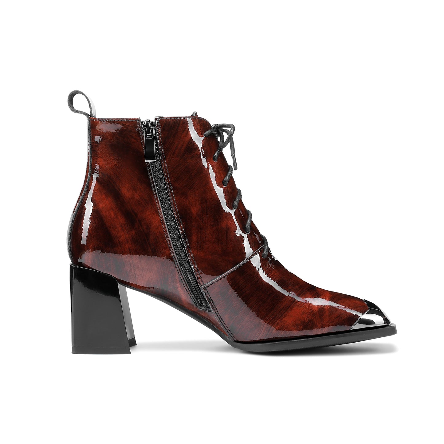 Nine Seven Women's Handmade Patent Leather Classic Square Toe Mid Block Heel Side Zip Lace Up Stylish Ankle Boots