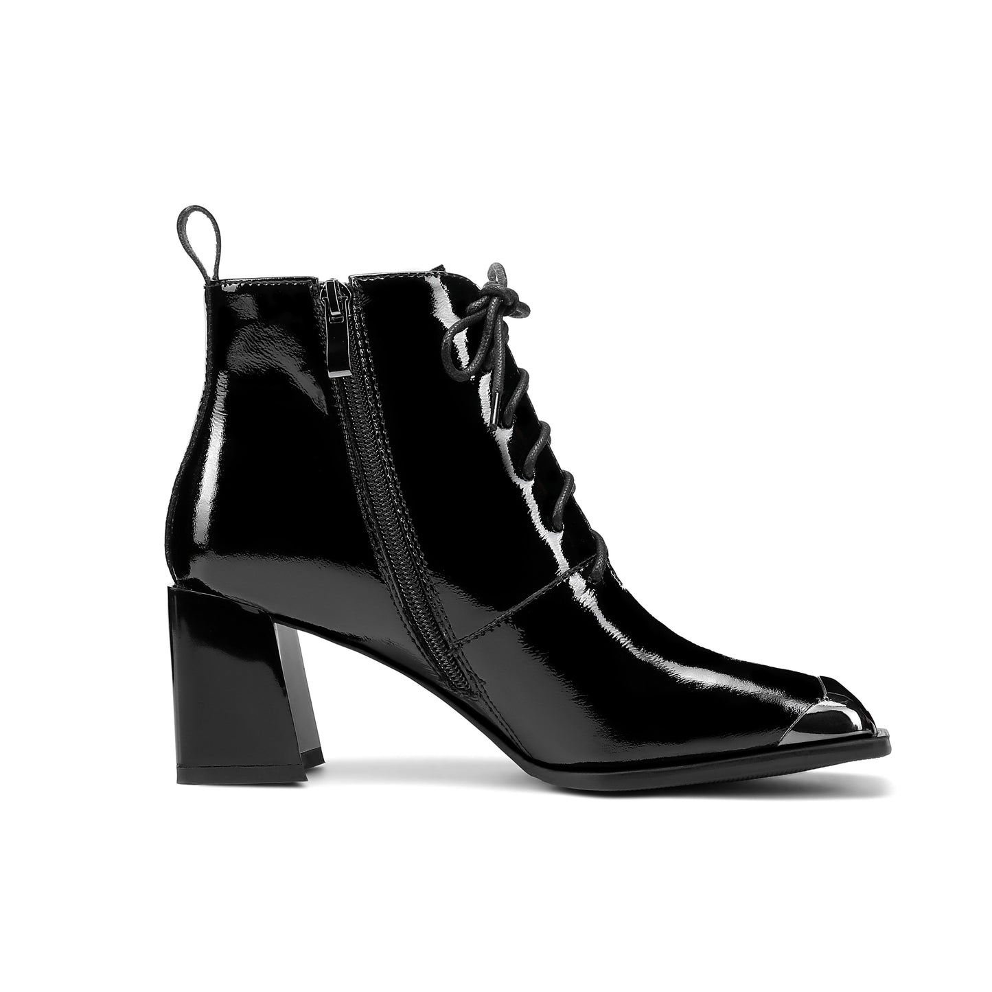 Nine Seven Women's Handmade Patent Leather Classic Square Toe Mid Block Heel Side Zip Lace Up Stylish Ankle Boots