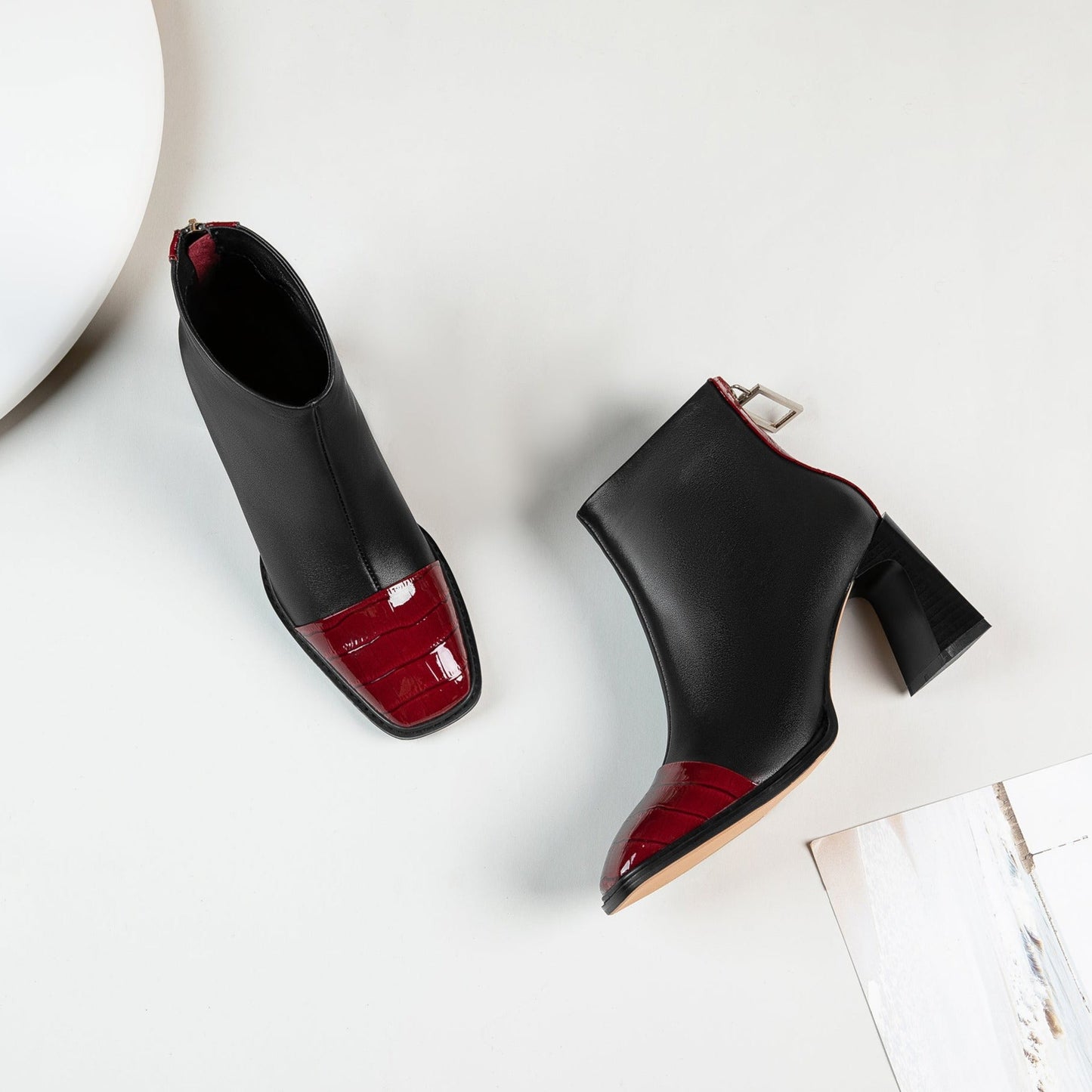 Nine Seven Women's Genuine Leather Handmade High Spool Heel Back Zip Up Patent Square Toe Retro Ankle Boots