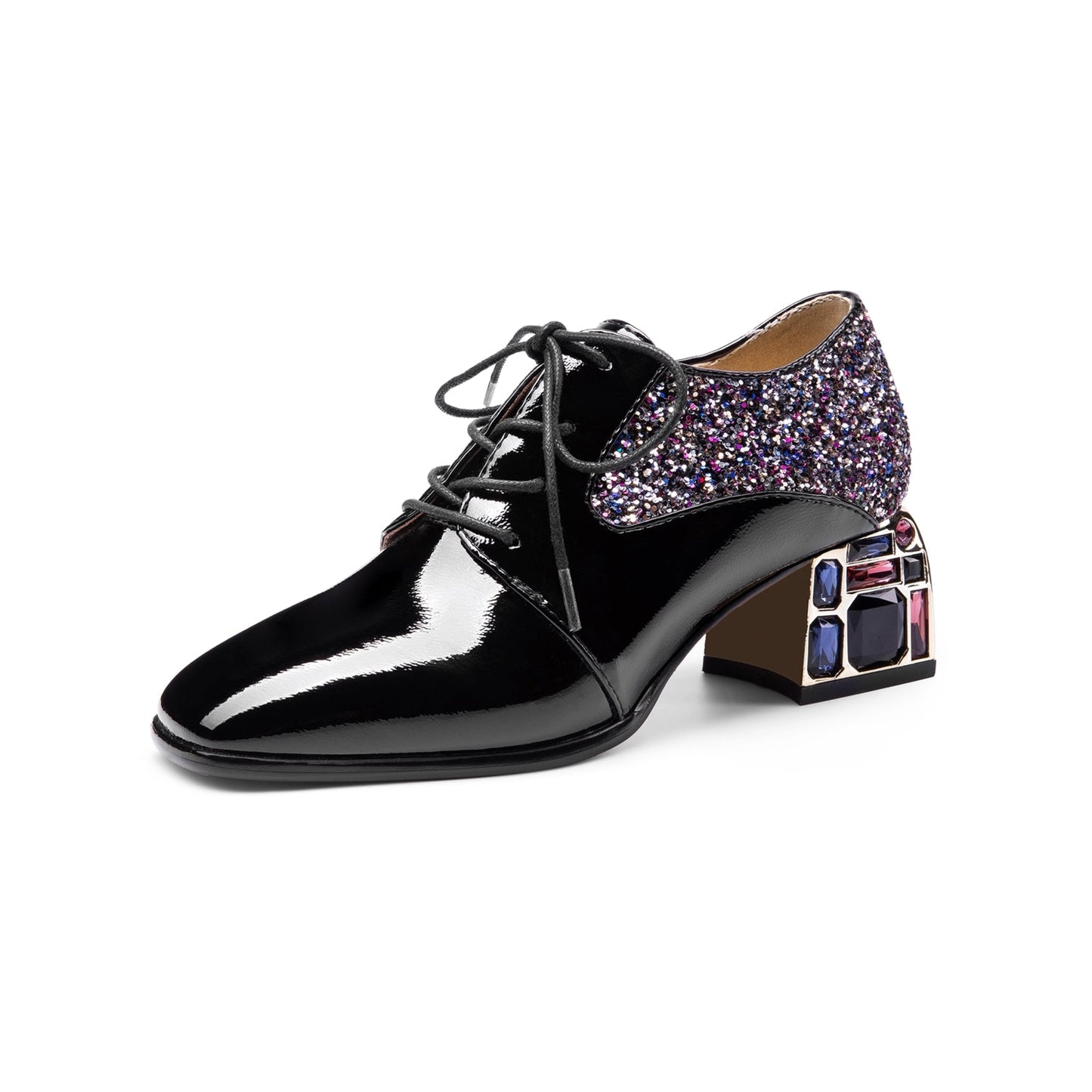 Nine Seven Glossy Patent Leather Women's Handmade Classic Square Toe Crystal Mid Chunky Heel Lace Up Glitter Decor Pump Shoes