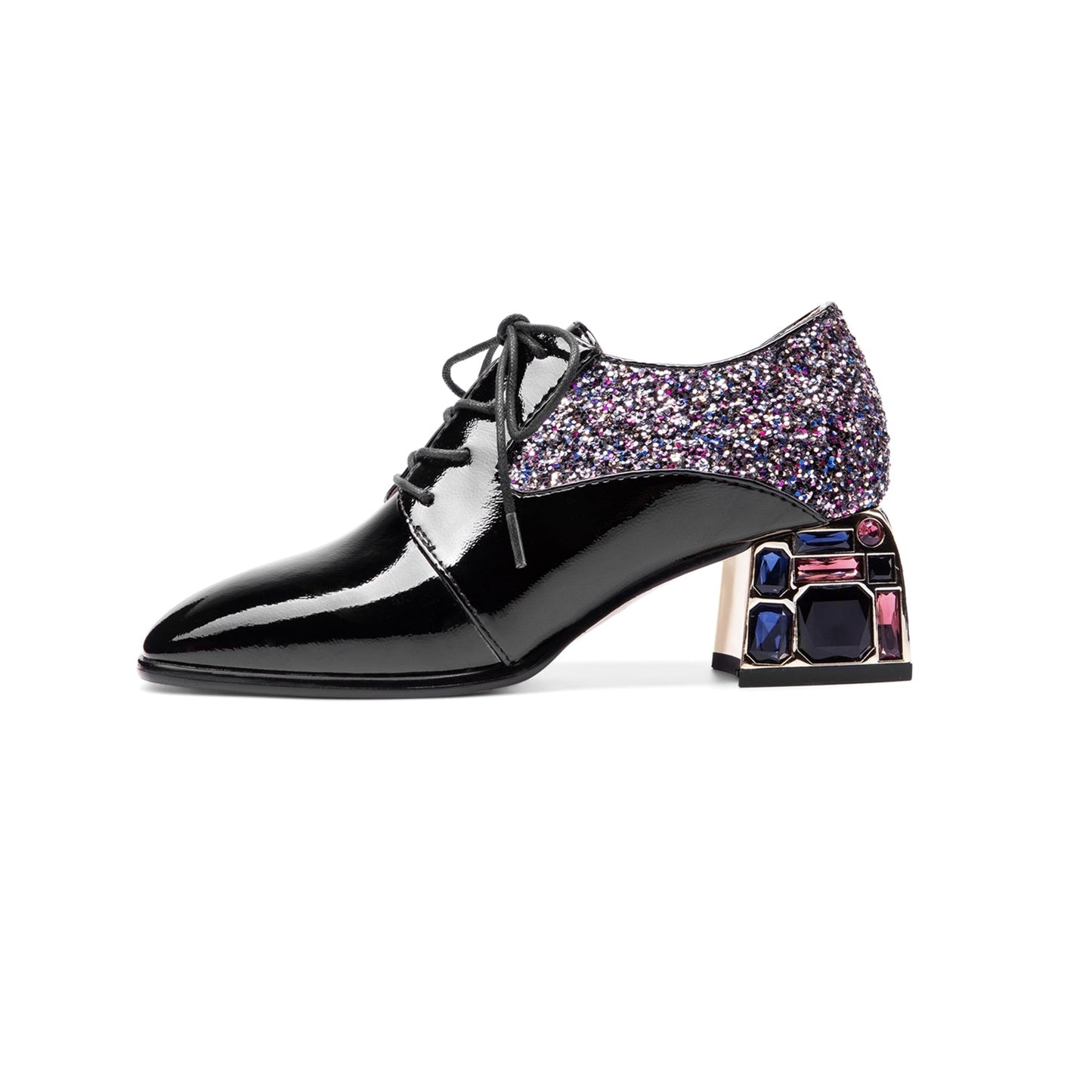 Nine Seven Glossy Patent Leather Women's Handmade Classic Square Toe Crystal Mid Chunky Heel Lace Up Glitter Decor Pump Shoes