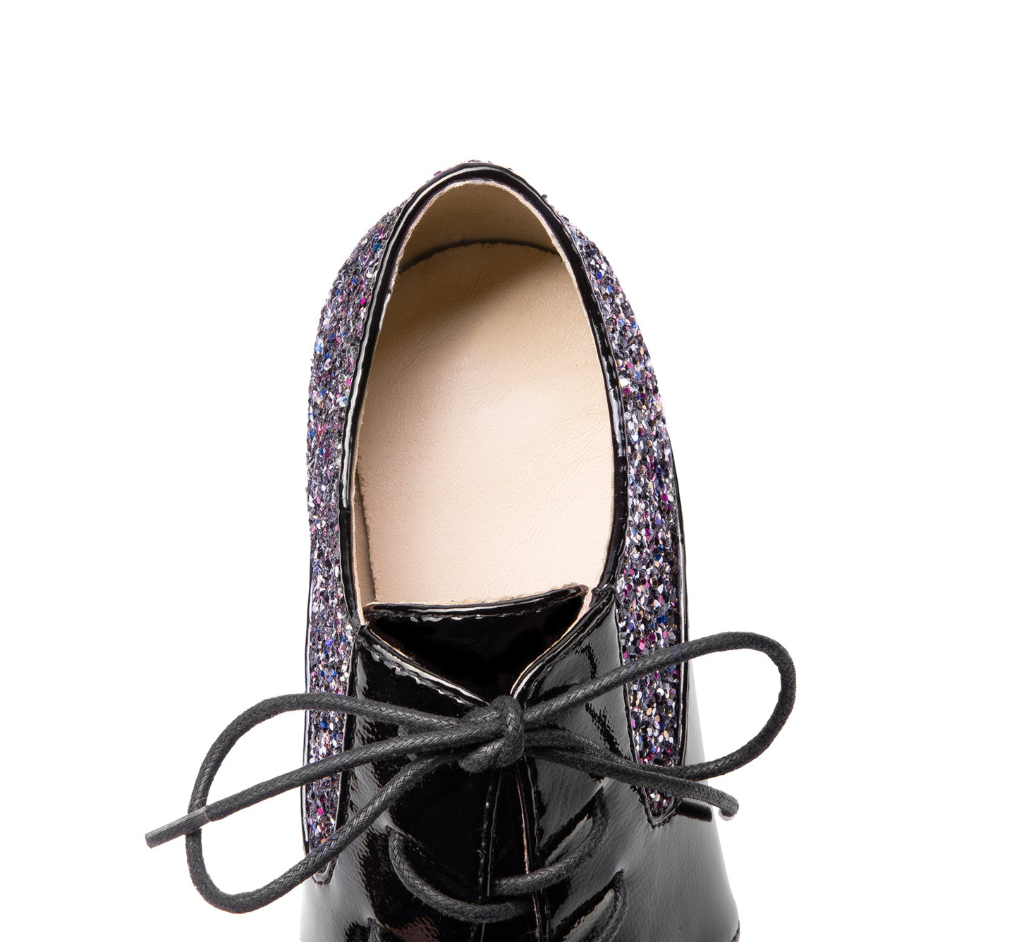 Nine Seven Glossy Patent Leather Women's Handmade Classic Square Toe Crystal Mid Chunky Heel Lace Up Glitter Decor Pump Shoes