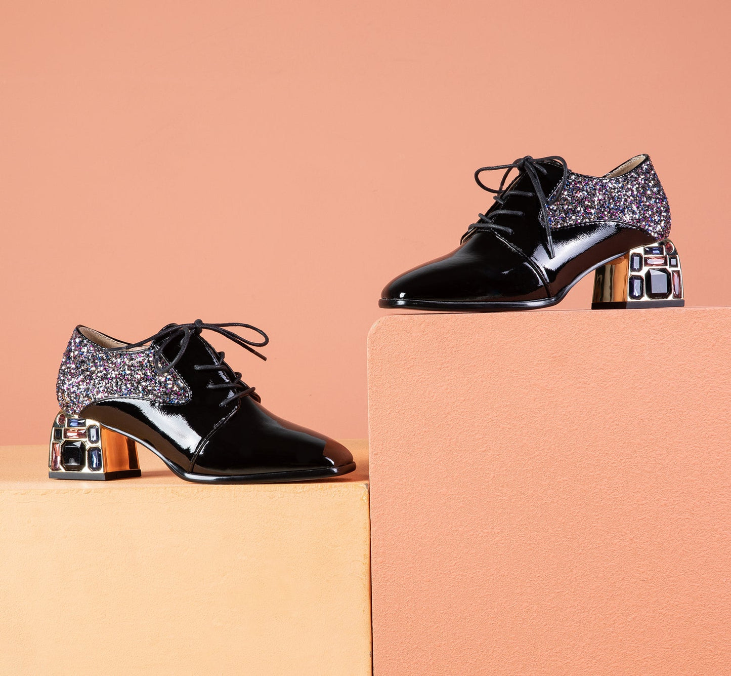 Nine Seven Glossy Patent Leather Women's Handmade Classic Square Toe Crystal Mid Chunky Heel Lace Up Glitter Decor Pump Shoes