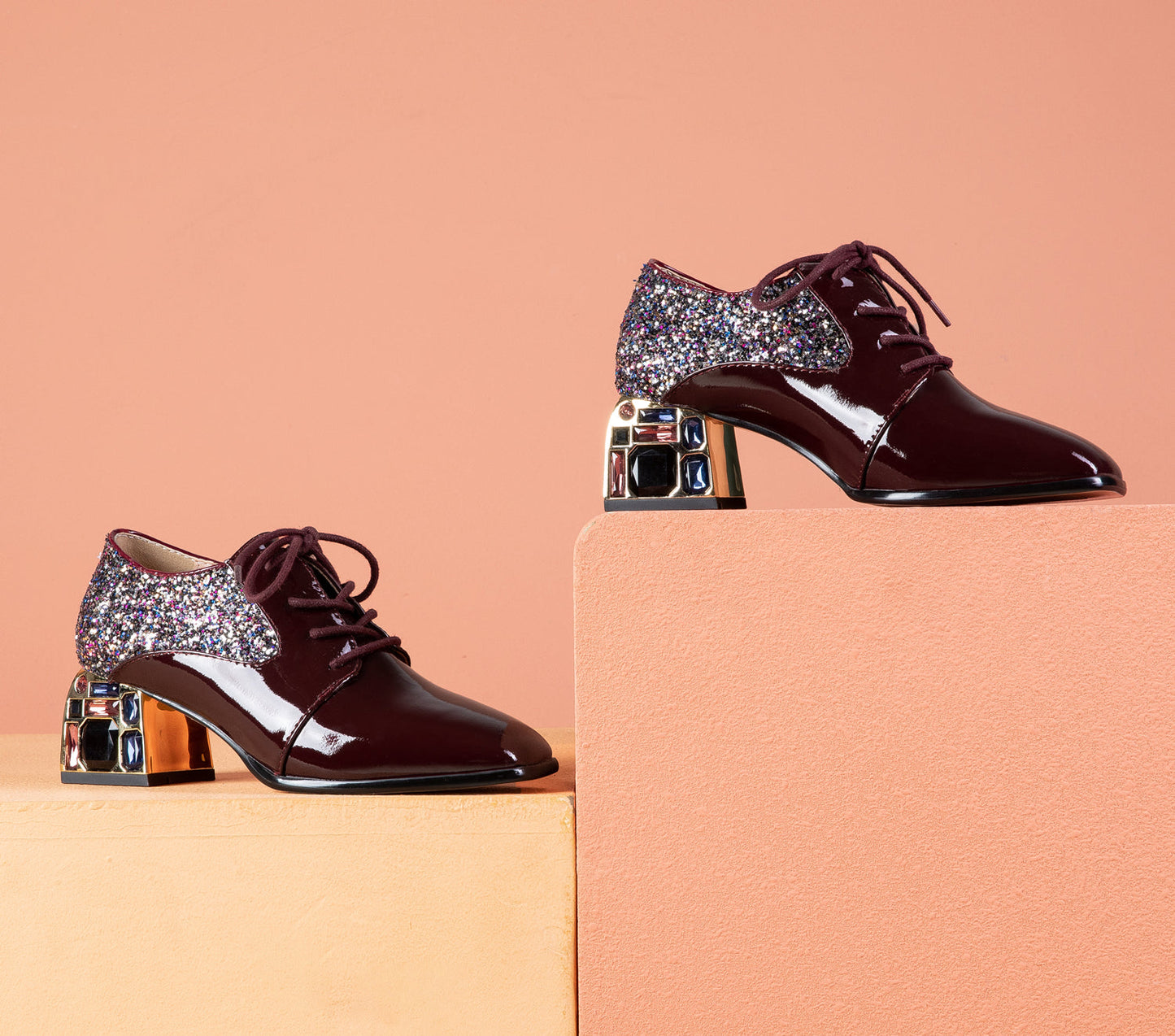 Nine Seven Glossy Patent Leather Women's Handmade Classic Square Toe Crystal Mid Chunky Heel Lace Up Glitter Decor Pump Shoes