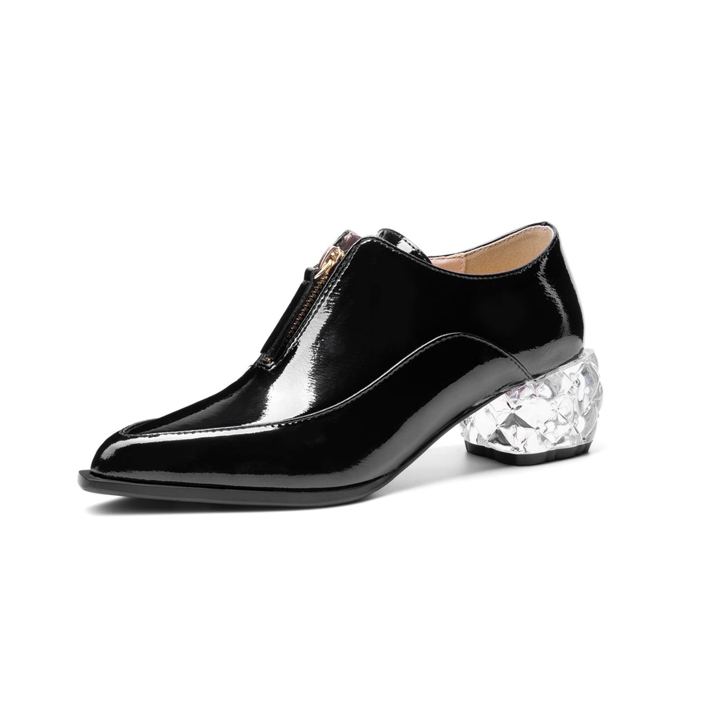 Nine Seven Women's Glossy Patent Leather Handmade Clear Pointed Toe Chunky Heel Front Zip Pumps