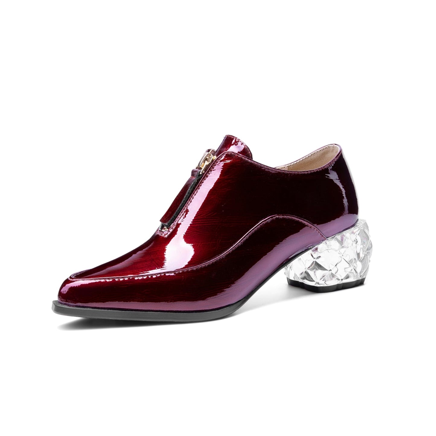 Nine Seven Women's Glossy Patent Leather Handmade Clear Pointed Toe Chunky Heel Front Zip Pumps
