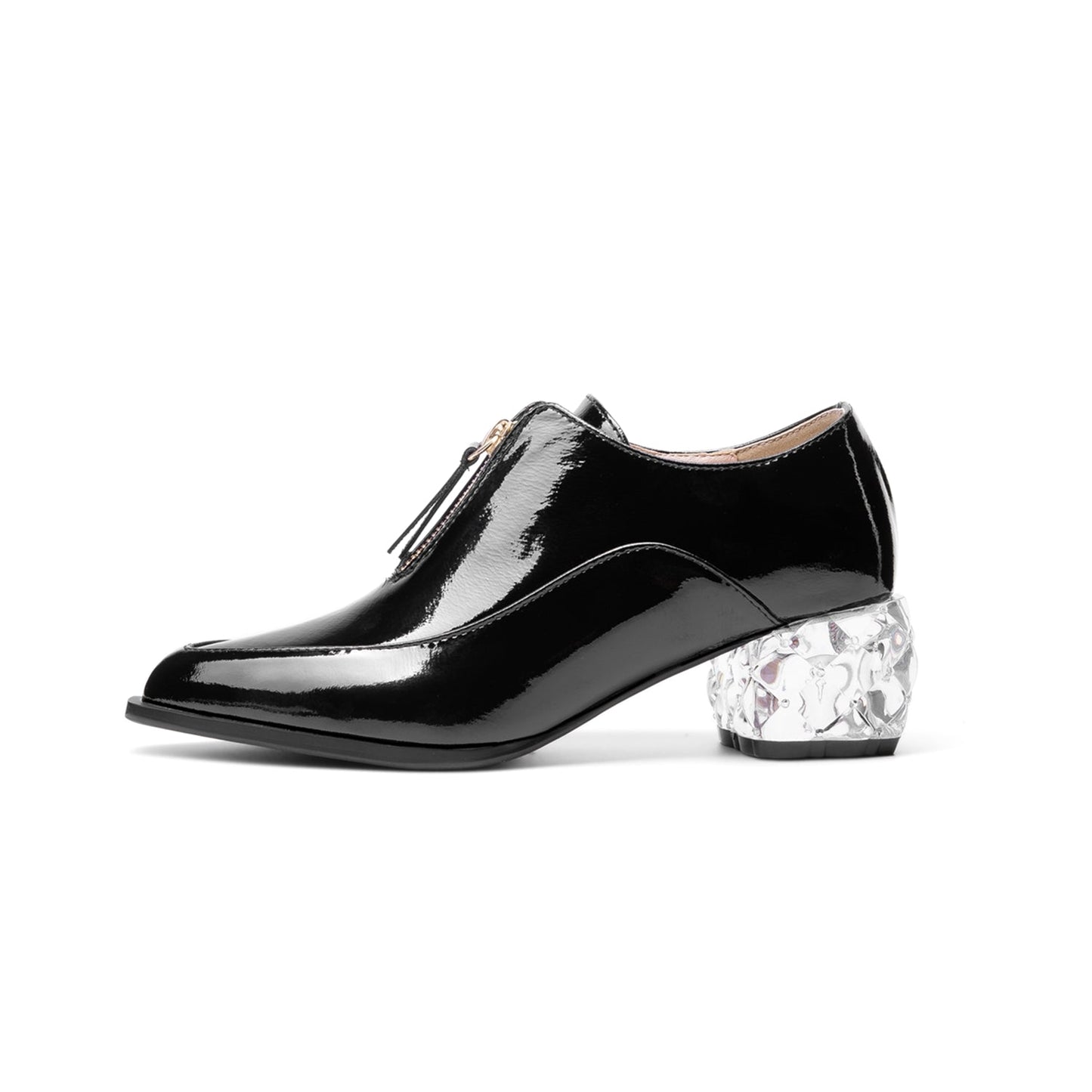 Nine Seven Women's Glossy Patent Leather Handmade Clear Pointed Toe Chunky Heel Front Zip Pumps
