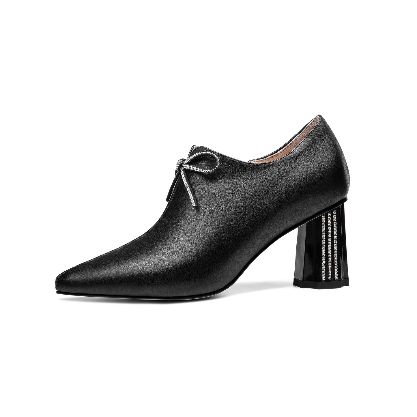 Nine Seven Women's Genuine Leather Handmade Glitter Mid Chunky Heel Pointed Toe Stylish Side Zip Pump Shoes with Bowtie