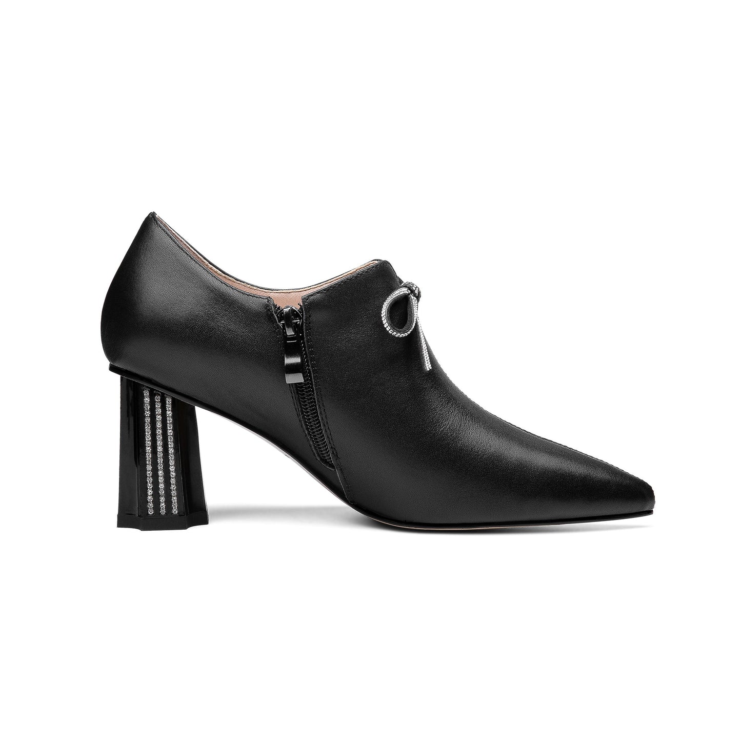 Nine Seven Women's Genuine Leather Handmade Glitter Mid Chunky Heel Pointed Toe Stylish Side Zip Pump Shoes with Bowtie