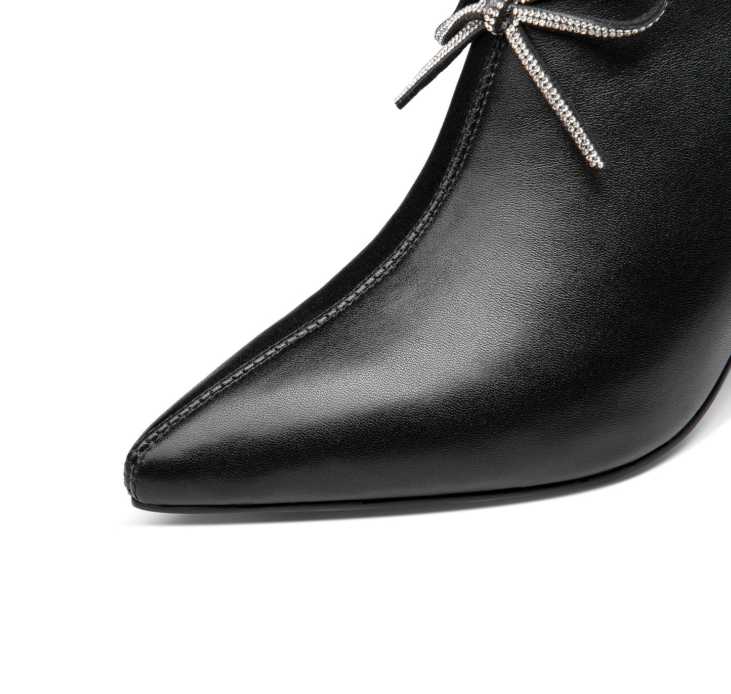 Nine Seven Women's Genuine Leather Handmade Glitter Mid Chunky Heel Pointed Toe Stylish Side Zip Pump Shoes with Bowtie