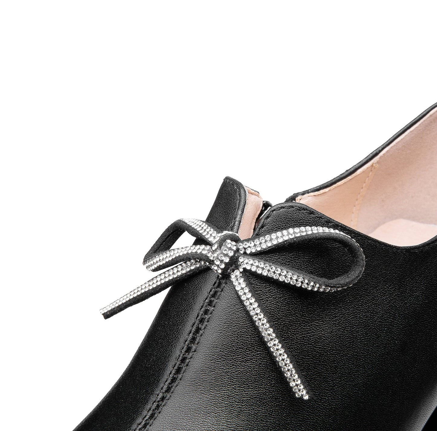 Nine Seven Women's Genuine Leather Handmade Glitter Mid Chunky Heel Pointed Toe Stylish Side Zip Pump Shoes with Bowtie