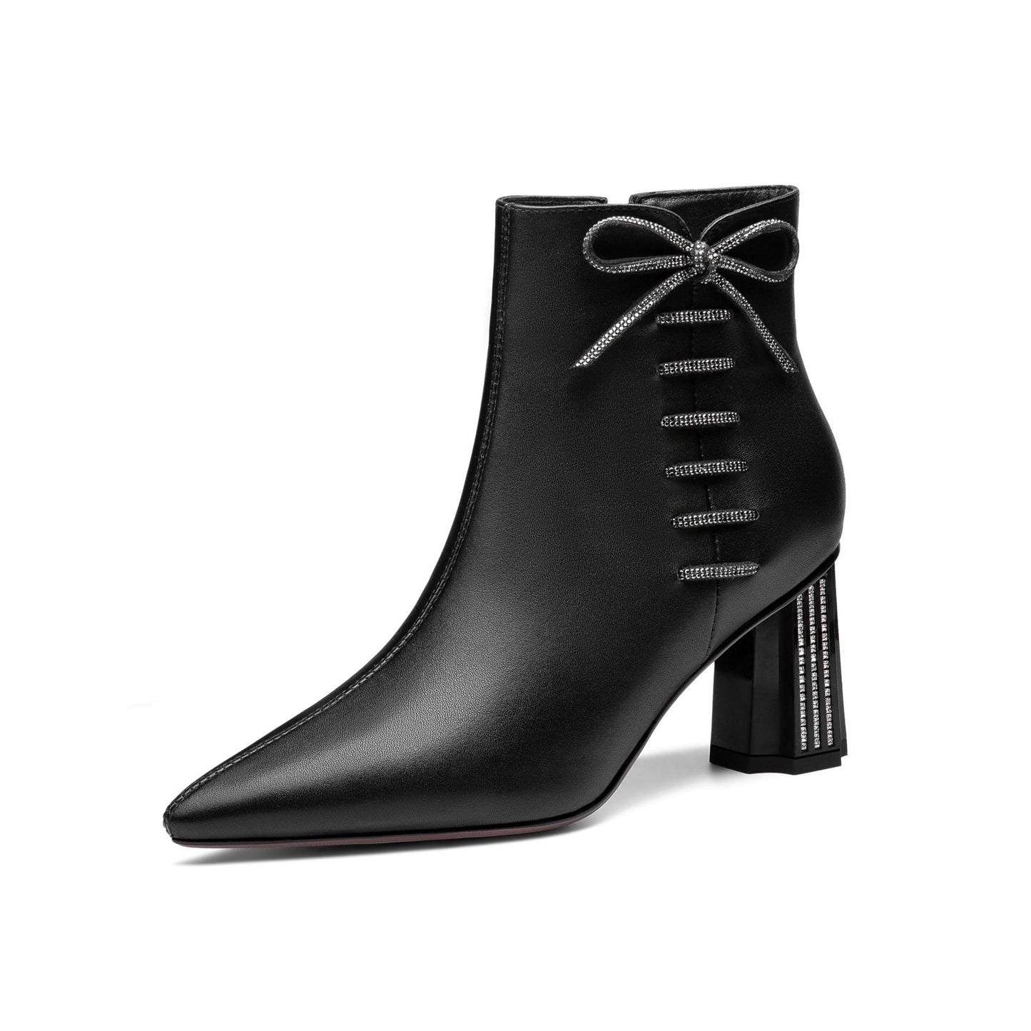 Nine Seven Women's Genuine Leather Handmade Comfortable Mid Block Heel Pointed Toe Side Zip Up Dressing Boots with Bowtie Decor