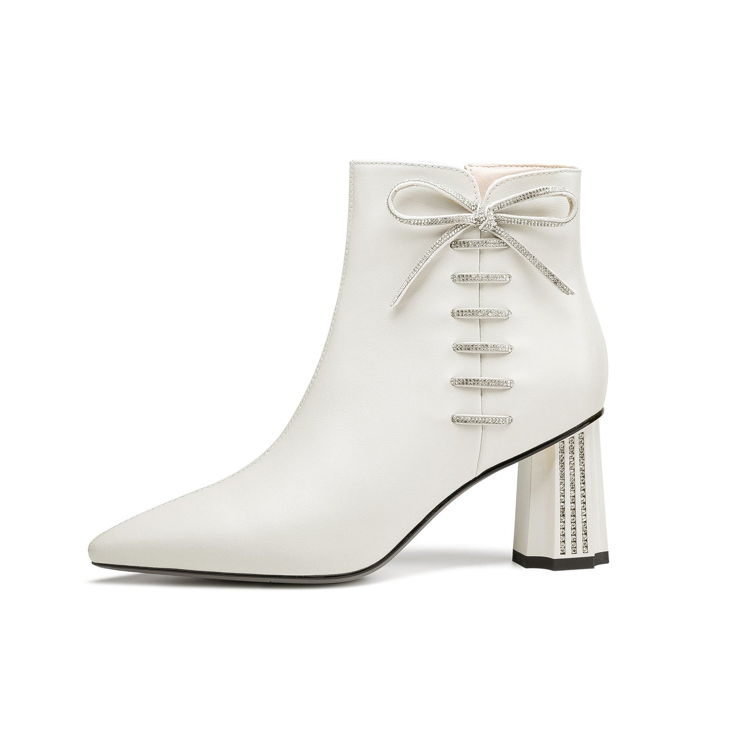 Nine Seven Women's Genuine Leather Handmade Comfortable Mid Block Heel Pointed Toe Side Zip Up Dressing Boots with Bowtie Decor